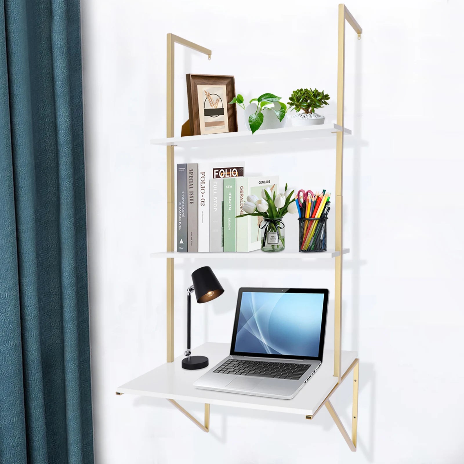 3 Tier White & Gold Wall Mount Ladder Desk Floating Shelves Desk