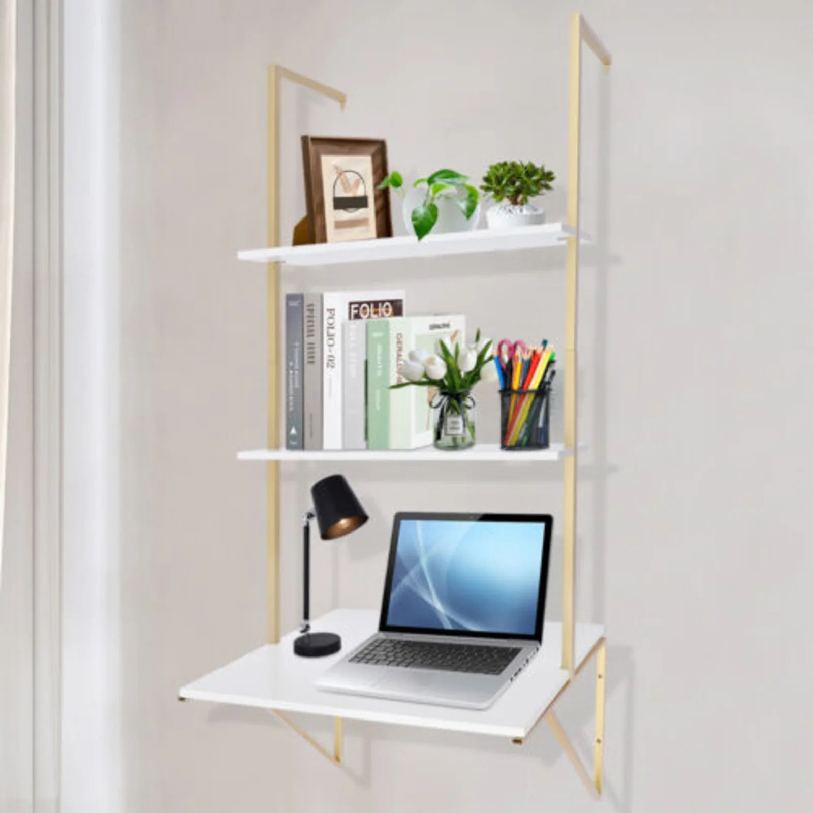 3 Tier White & Gold Wall Mount Ladder Desk Floating Shelves Desk