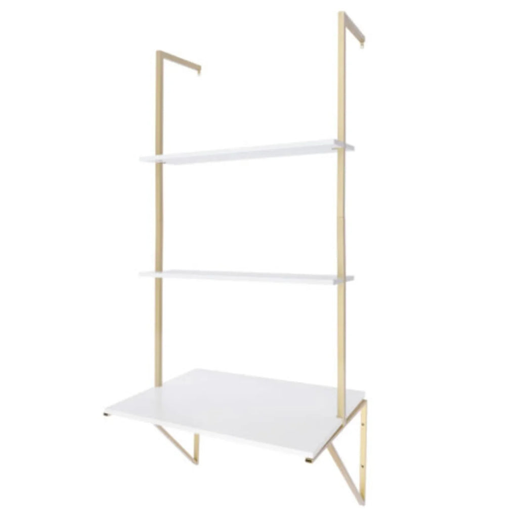 3 Tier White & Gold Wall Mount Ladder Desk Floating Shelves Desk