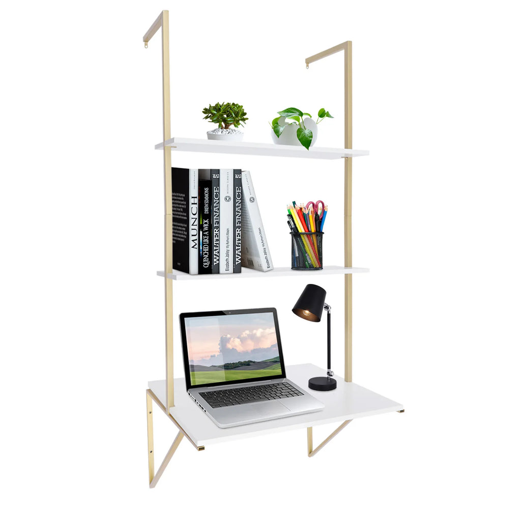 3 Tier White & Gold Wall Mount Ladder Desk Floating Shelves Desk
